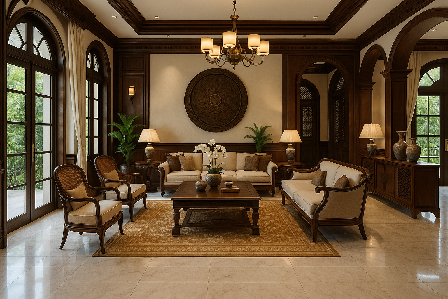 Nội thất phòng khách biệt thự sang trọng tại Thành phố Hồ Chí Minh, Việt Nam — được thiết kế theo phong cách Đông Dương, kết hợp sự thanh lịch của thời kỳ thuộc địa Pháp với các yếu tố văn hóa Việt Nam. Có các vật liệu cao cấp như gỗ óc chó, sàn đá cẩm thạch, đồ trang trí thủ công, ánh sáng xung quanh dịu nhẹ và bố cục phong thủy. Hiện đại nhưng truyền thống. Cửa sổ lớn, cây xanh bên ngoài.