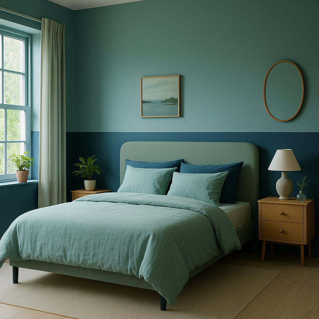 Xanh dịu mát: Bên cạnh sự ấm áp của gam màu đất, các sắc thái của màu xanh cũng là lựa chọn hàng đầu cho phòng ngủ 2025. Từ xanh bạc hà tươi mới, xanh lá cây xô thơm (sage green) nhẹ nhàng đến xanh navy sâu lắng, huyền bí. Màu xanh lá gợi nhớ đến sự tươi mát của cây cỏ, trong khi xanh dương mang lại cảm giác tĩnh lặng, thư thái như bầu trời hay mặt biển yên bình. Đây là những gam màu lý tưởng để giảm căng thẳng và thúc đẩy giấc ngủ ngon.