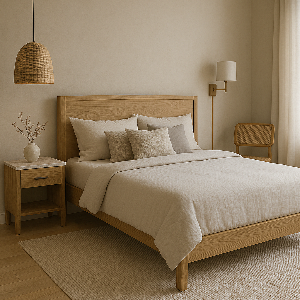 Gỗ tự nhiên: Luôn là "ngôi sao" trong thiết kế nội thất, gỗ tự nhiên mang đến sự ấm cúng, sang trọng và bền bỉ. Xu hướng nội thất phòng ngủ 2025 đặc biệt ưa chuộng các loại gỗ sáng màu như gỗ sồi, gỗ tần bì (ash), hoặc gỗ thông với vân gỗ mộc mạc, tự nhiên. Bề mặt gỗ có thể được xử lý thô hoặc hoàn thiện mờ để giữ lại vẻ đẹp nguyên bản.  Vải dệt thô, linen, cotton hữu cơ: Chất liệu vải trong phòng ngủ ngày càng được chú trọng. Vải linen thoáng mát, vải cotton hữu cơ mềm mại, hay các loại vải dệt thô với kết cấu bề mặt độc đáo mang lại cảm giác dễ chịu, thân thiện với làn da và góp phần tạo nên một không gian nghỉ ngơi thư thái, gần gũi. Chúng thường xuất hiện trên chăn ga, rèm cửa, hoặc thậm chí là đầu giường bọc vải.  Đá tự nhiên hoặc vật liệu giả đá: Đá tự nhiên như marble (cẩm thạch), granite hay các vật liệu giả đá cao cấp với đường vân tinh tế được sử dụng để tạo điểm nhấn sang trọng cho bàn đầu giường, mặt bàn trang điểm hoặc các chi tiết trang trí nhỏ.  Mây, tre đan: Mang đậm dấu ấn thủ công và tinh thần bền vững, các sản phẩm từ mây, tre đan như ghế thư giãn, giỏ đựng đồ, chụp đèn... tạo thêm nét duyên dáng, nhẹ nhàng và gần gũi cho thiết kế phòng ngủ đẹp 2025.