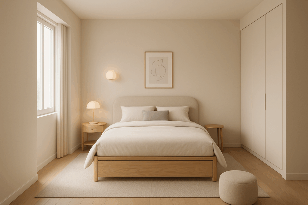 Sự đơn giản, tinh tế và tập trung vào công năng là những đặc điểm nổi bật trong kiểu dáng nội thất phòng ngủ hiện đại năm 2025. Phòng ngủ tối giản không có nghĩa là nhàm chán, mà là sự chắt lọc những gì cần thiết nhất, tạo ra không gian thoáng đãng và thư thái.  Thiết kế tối giản, đường nét mềm mại, bo tròn: Thay vì những góc cạnh sắc nét, xu hướng 2025 ưu ái các đường cong mềm mại, bo tròn ở các món đồ nội thất như đầu giường, bàn đầu giường, ghế đôn. Điều này tạo cảm giác nhẹ nhàng, an toàn và mời gọi hơn.  Giường ngủ đa năng, tích hợp ngăn kéo hoặc thiết kế thông minh: Đặc biệt phù hợp với các không gian nhỏ, giường ngủ thông minh tích hợp ngăn kéo lưu trữ phía dưới, hoặc các thiết kế giường có thể nâng hạ, gấp gọn giúp tối ưu hóa diện tích và giữ cho phòng ngủ luôn gọn gàng.  Tủ quần áo âm tường hoặc thiết kế không tay nắm: Tủ quần áo được thiết kế phẳng, liền mạch với tường, hoặc sử dụng cơ chế nhấn mở thay vì tay nắm truyền thống giúp tạo cảm giác không gian rộng rãi và liền mạch hơn. Các giải pháp lưu trữ thông minh bên trong tủ cũng được chú trọng.  Chú trọng ánh sáng: Ánh sáng tự nhiên luôn được ưu tiên tối đa. Bên cạnh đó, hệ thống ánh sáng nhân tạo được thiết kế đa dạng với nhiều lớp ánh sáng: ánh sáng chính dịu nhẹ, đèn đọc sách đầu giường, đèn hắt tường hoặc đèn trần thả trang trí với ánh sáng vàng ấm áp, tạo không khí thư giãn vào buổi tối.