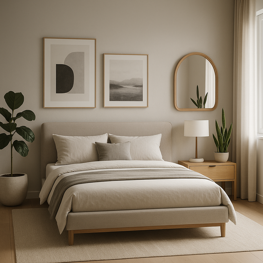 Trang trí phòng ngủ 2025 tập trung vào việc tạo ra những điểm nhấn tinh tế, thể hiện cá tính chủ nhân mà không làm không gian trở nên rối mắt.  Cây xanh trong phòng ngủ: Một vài chậu cây xanh nhỏ không chỉ giúp thanh lọc không khí mà còn mang lại sức sống và màu sắc tươi mát cho căn phòng. Các loại cây dễ chăm sóc như lưỡi hổ, trầu bà, kim tiền là lựa chọn phổ biến.  Tranh ảnh nghệ thuật tối giản: Những bức tranh trừu tượng, tranh phong cảnh tối giản hoặc ảnh nghệ thuật đen trắng với khung tranh đơn giản giúp tạo điểm nhấn thị giác mà không gây cảm giác nặng nề.  Gương trang trí: Ngoài công năng soi chiếu, gương còn giúp phản xạ ánh sáng, tạo cảm giác không gian rộng hơn. Lựa chọn gương có kiểu dáng khung độc đáo (tròn, oval, hình dạng hữu cơ) cũng là một cách trang trí hiệu quả.