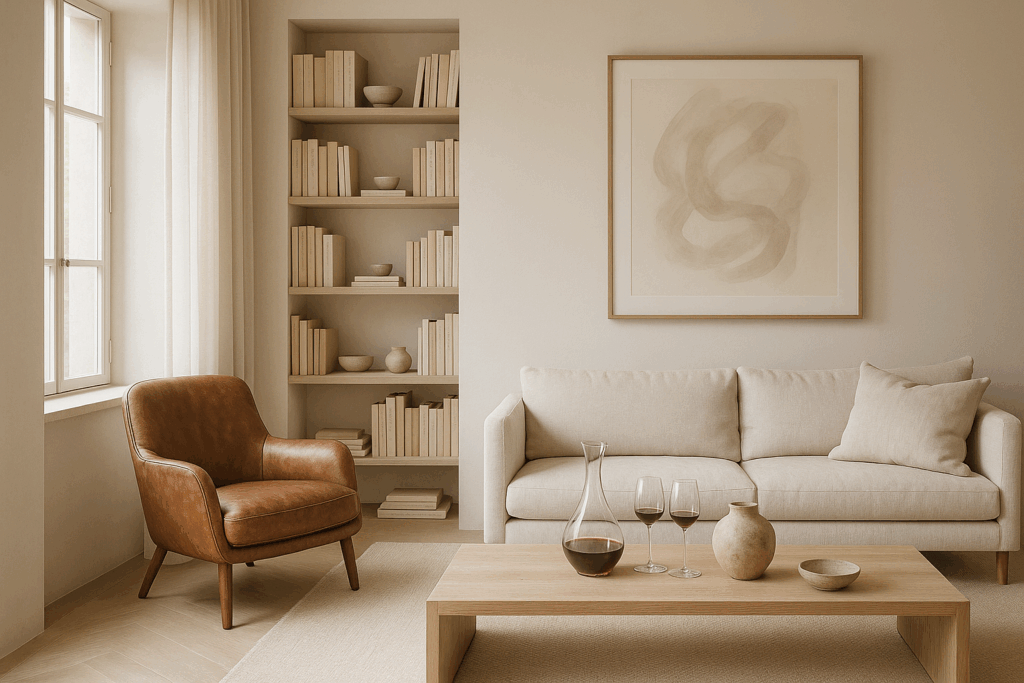 Một không gian sống thanh bình, tối giản được thiết kế hoàn toàn xoay quanh lối sống cá nhân và sự thoải mái về mặt cảm xúc. Căn phòng có ánh sáng tự nhiên dịu nhẹ qua những ô cửa sổ lớn, tông màu trung tính ấm áp như màu be, xám tro và nâu nhạt, cùng các vật dụng trang trí được cá nhân hóa: góc đọc sách với chiếc ghế da cũ, giá sách tùy chỉnh chứa đầy những cuốn sách và đồ lưu niệm có ý nghĩa, bàn cà phê gỗ thấp với đồ gốm thủ công và tác phẩm nghệ thuật trừu tượng đóng khung phản ánh hành trình của chủ sở hữu. Bố cục trực quan và lấy con người làm trung tâm, nhấn mạnh vào sự trôi chảy, hòa bình và thể hiện bản thân. Bầu không khí vô cùng bình tĩnh và cộng hưởng về mặt cảm xúc, với các họa tiết như vải lanh, gỗ và đá hòa quyện hài hòa. Phong cách: chủ nghĩa tối giản hiện đại kết hợp với sự cá nhân hóa ấm áp. Thẩm mỹ nhiếp ảnh biên tập có độ phân giải cao, ánh sáng tự nhiên, không lộn xộn.