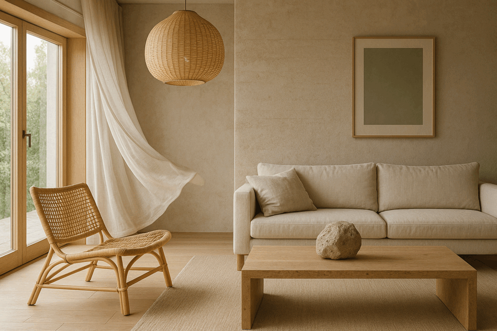 Không gian nội thất thanh lịch, thân thiện với môi trường, trưng bày các vật liệu tự nhiên theo phong cách xu hướng thiết kế năm 2025. Căn phòng có đồ nội thất bằng gỗ sồi sáng màu với lớp hoàn thiện thô, mờ; điểm nhấn bằng đá có kết cấu thô trên tường hoặc bàn cà phê; rèm vải lanh mềm mại, thoáng khí tung bay trong gió; và các yếu tố đan bằng tre và mây như đèn thả hoặc ghế dài. Bảng màu tổng thể mang tính chất mộc mạc và êm dịu - màu be ấm áp, màu nâu nhạt, màu nâu đất, màu xanh lá cây xô thơm. Ánh sáng mặt trời tự nhiên lọc qua các cửa sổ lớn, làm nổi bật kết cấu và sự khéo léo của các vật liệu. Bầu không khí mang lại cảm giác vững chắc, thủ công và thanh bình, kết hợp sự đơn giản hiện đại với sự ấm áp hữu cơ. Phong cách: chủ nghĩa tối giản tự nhiên, sự kết hợp Nhật Bản-Scandinavia (Japandi), nhiếp ảnh kiến ​​trúc có độ phân giải cao.