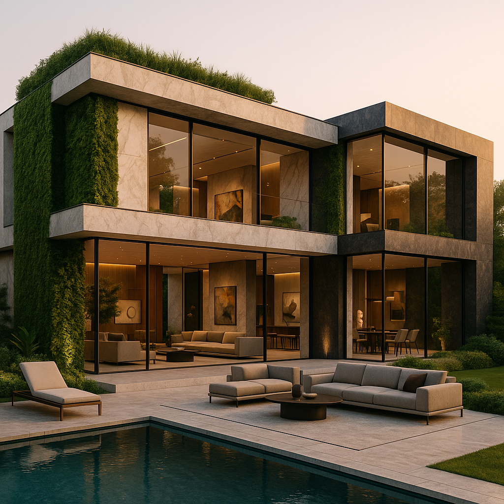 Một biệt thự sang trọng thanh lịch vào năm 2025, có kiến trúc hiện đại tiên tiến với những bức tường kính rộng từ sàn đến trần, mặt tiền bằng đá tự nhiên bằng đá cẩm thạch và đá granit, và các yếu tố thiết kế bền vững như tường xanh thẳng đứng và vườn trên sân thượng. Nội thất theo khái niệm mở trưng bày đồ nội thất thiết kế cao cấp, bộ sưu tập nghệ thuật đương đại được tuyển chọn và công nghệ nhà thông minh tích hợp liền mạch. Ánh sáng mặt trời tự nhiên tràn ngập không gian sống thoáng đãng, làm nổi bật các kết cấu tinh tế của đá, kính và gỗ. Ánh sáng xung quanh tinh tế làm tăng thêm bầu không khí ấm áp, sang trọng. Bên ngoài tự hào có một sân hiên riêng kiểu dáng đẹp với hồ bơi vô cực, nhìn ra cảnh quan khu vườn được cắt tỉa cẩn thận. Phong cách: hình ảnh kiến trúc siêu thực, ánh sáng giờ vàng, độ phân giải 4K, chất lượng tạp chí biên tập, bầu không khí thanh bình và xa hoa. Từ khóa phong cách: sang trọng hiện đại, biệt thự bền vững, không gian mở, cuộc sống thông minh, thiết kế có ý thức sinh thái, kết xuất kiến trúc